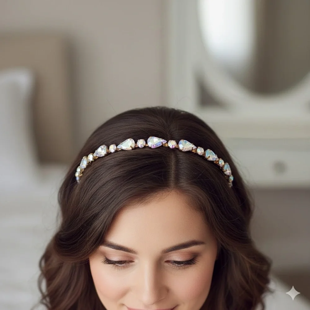 Iridescent Crystal Rhinestone Halo Headband Gold Bridal Hair Accessory OS